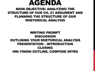 AGENDA

MAIN OBJECTIVE: ANALYZING THE
STRUCTURE OF OUR CH. 21 ARGUMENT AND
PLANNING THE STRUCTURE OF OUR
RHETORICAL ANALYSIS

WRITING PROMPT
DISCUSSION
OUTLINING YOUR RHETORICAL ANALYSIS
PRESENTATION – INTRODUCTION
CLOSING
HW: FINISH OUTLINE, COMPOSE INTRO

 