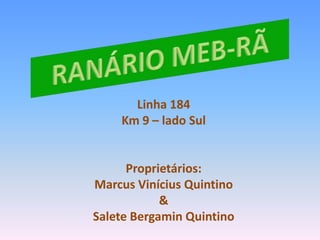 RANÁRIO MEB-RÃ Linha 184 Km 9 – lado Sul Proprietários: Marcus Vinícius Quintino & Salete Bergamin Quintino 