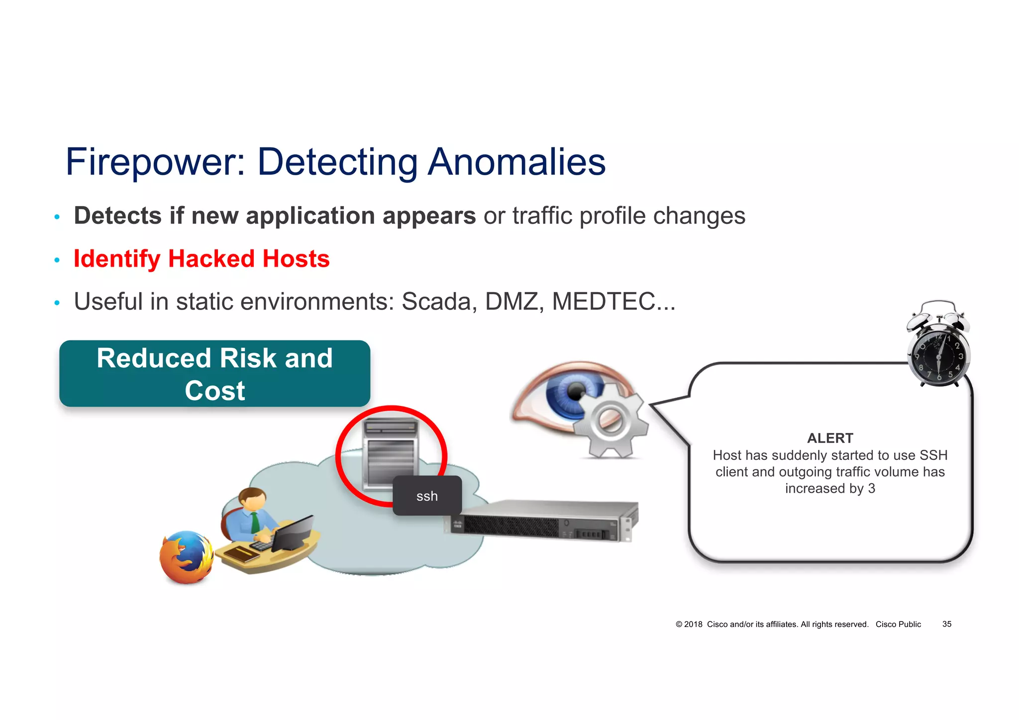 © 2018 Cisco and/or its affiliates. All rights reserved. Cisco Public
• Detects if new application appears or traffic profile changes
• Identify Hacked Hosts
• Useful in static environments: Scada, DMZ, MEDTEC...
Firepower: Detecting Anomalies
Reduced Risk and
Cost
ALERT
Host has suddenly started to use SSH
client and outgoing traffic volume has
increased by 3
ssh
TECSEC-2005 35
 