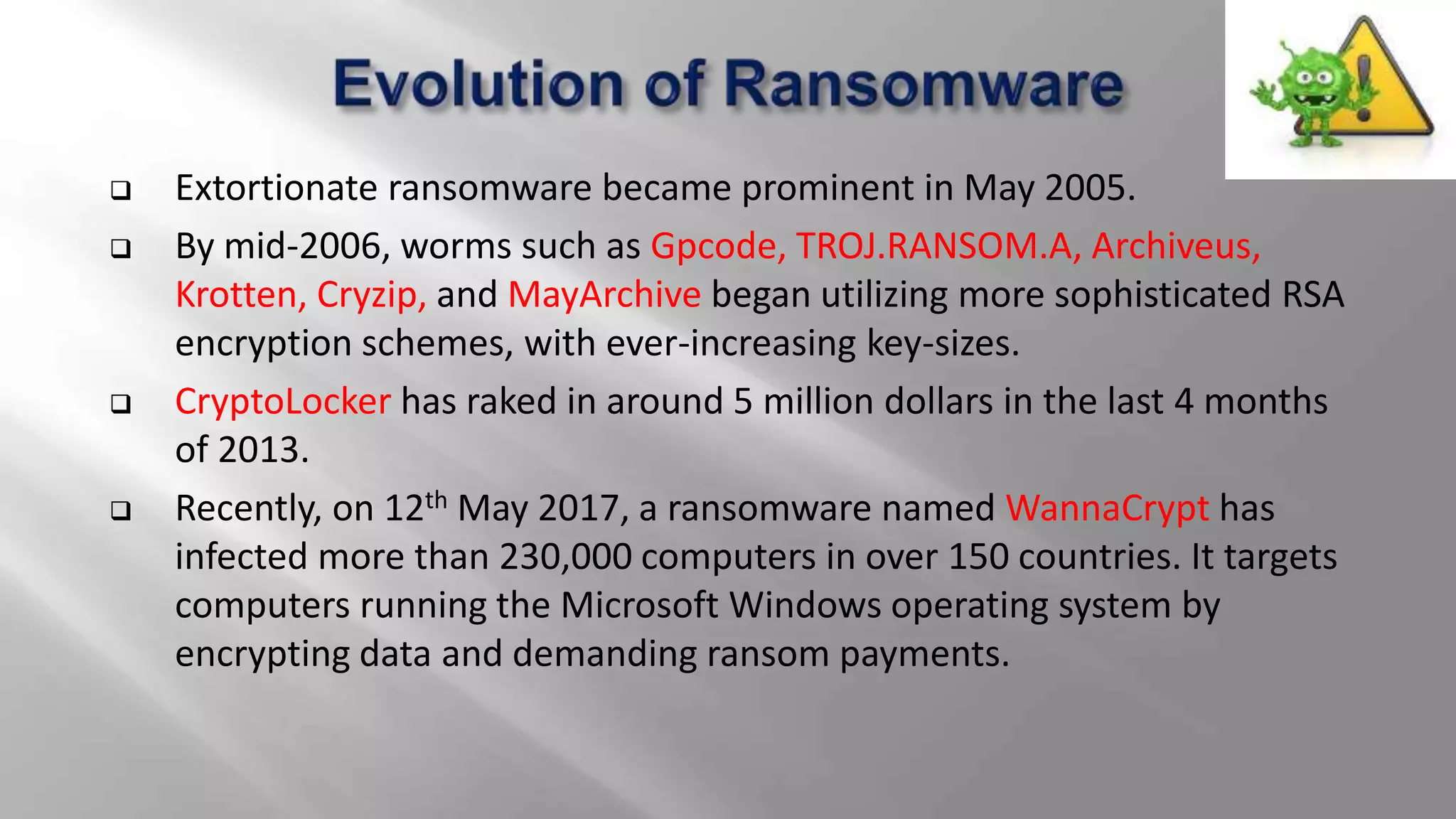  Extortionate ransomware became prominent in May 2005.
 By mid-2006, worms such as Gpcode, TROJ.RANSOM.A, Archiveus,
Krotten, Cryzip, and MayArchive began utilizing more sophisticated RSA
encryption schemes, with ever-increasing key-sizes.
 CryptoLocker has raked in around 5 million dollars in the last 4 months
of 2013.
 Recently, on 12th May 2017, a ransomware named WannaCrypt has
infected more than 230,000 computers in over 150 countries. It targets
computers running the Microsoft Windows operating system by
encrypting data and demanding ransom payments.
 