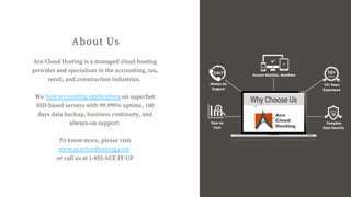 About Us
Ace Cloud Hosting is a managed cloud hosting
provider and specializes in the accounting, tax,
retail, and construction industries.
We on superfast
SSD-based servers with 99.999% uptime, 100
days data backup, business continuity, and
always-on support.
To know more, please visit
or call us at 1-855-ACE-IT-UP
www.acecloudhosting.com
host accounting applications
 