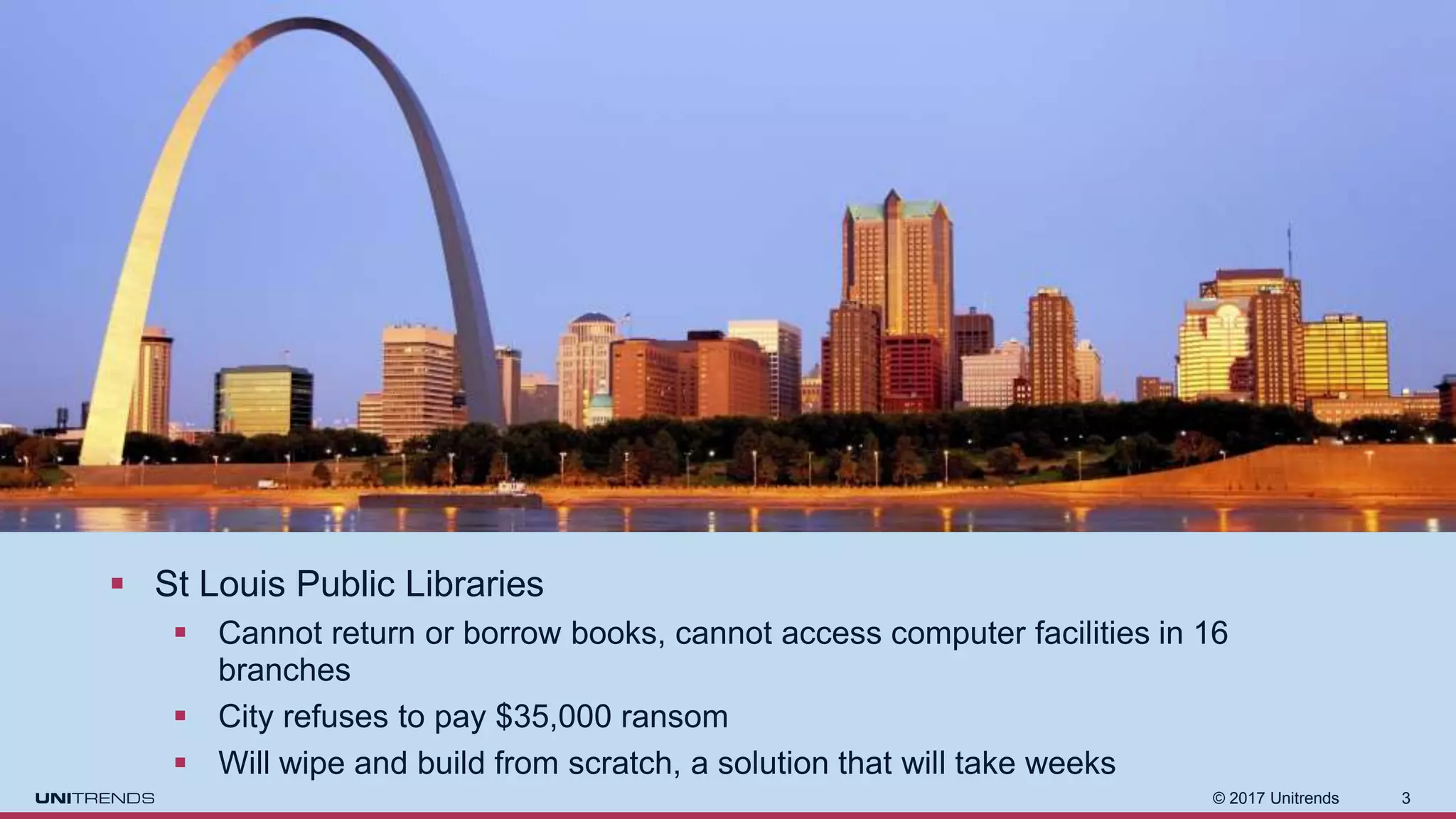© 2017 Unitrends 3
 St Louis Public Libraries
 Cannot return or borrow books, cannot access computer facilities in 16
branches
 City refuses to pay $35,000 ransom
 Will wipe and build from scratch, a solution that will take weeks
 