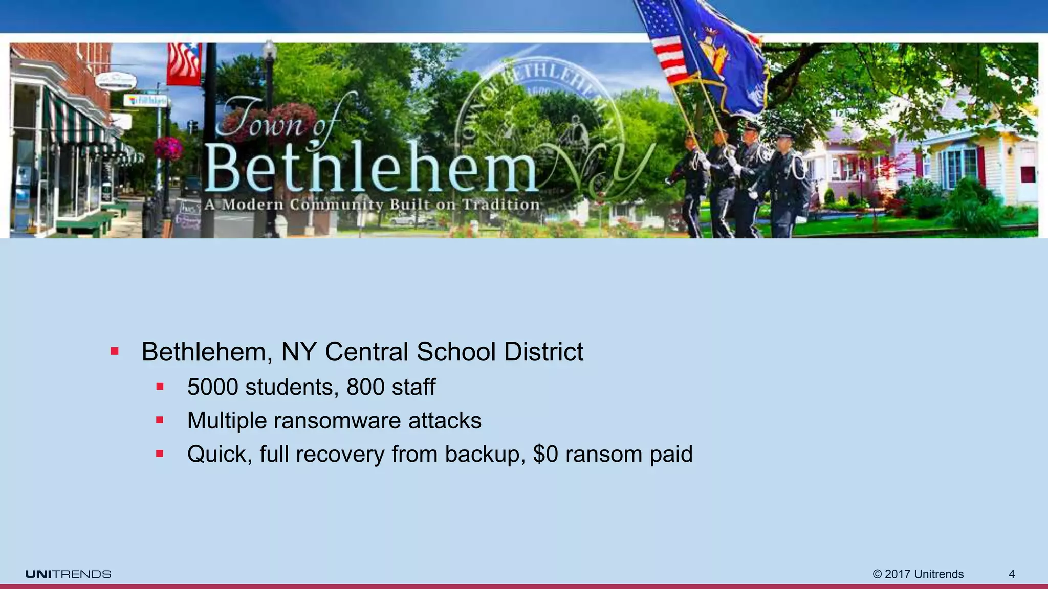 © 2017 Unitrends 4
 Bethlehem, NY Central School District
 5000 students, 800 staff
 Multiple ransomware attacks
 Quick, full recovery from backup, $0 ransom paid
 