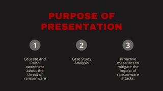 PURPOSE OF
PRESENTATION
Educate and
Raise
awareness
about the
threat of
ransomware
Case Study
Analysis
Proactive
measures to
mitigate the
impact of
ransomware
attacks.
1 2 3
 