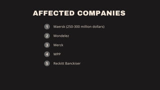 AFFECTED COMPANIES
Maersk (250-300 million dollars)
1
Mondelez
2
Merck
WPP
Reckitt Banckiser
3
4
5
 