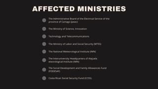 The Administrative Board of the Electrical Service of the
province of Cartago (Jasec)
The Ministry of Science, Innovation
Technology and Telecommunications
The Ministry of Labor and Social Security (MTSS)
The National Meteorological Institute (IMN)
The Interuniversity Headquarters of Alajuela
eteorological Institute (IMN)
The Social Development and Family Allowances Fund
(FODESAF)
Costa Rican Social Security Fund (CCSS).
AFFECTED MINISTRIES
 
