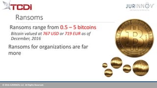 © 2016 JURINNOV, LLC All Rights Reserved.
Ransoms
Ransoms range from 0.5 – 5 bitcoins
Bitcoin valued at 767 USD or 719 EUR as of
December, 2016
Ransoms for organizations are far
more
 