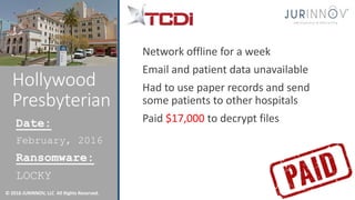 © 2016 JURINNOV, LLC All Rights Reserved.
Hollywood
Presbyterian
Network offline for a week
Email and patient data unavailable
Had to use paper records and send
some patients to other hospitals
Paid $17,000 to decrypt filesDate:
February, 2016
Ransomware:
LOCKY
 