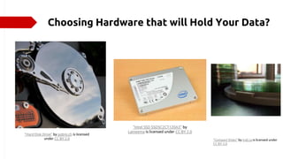 Choosing Hardware that will Hold Your Data?
"Hard Disk Drive" by pobre.ch is licensed
under CC BY 2.0
"Intel SSD SSDSC2CT120A3" by
Laineema is licensed under CC BY 2.0
"Compact Disks" by indi.ca is licensed under
CC BY 2.0
 