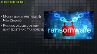 TORRENTLOCKER
• MAINLY SEEN IN AUSTRALIA &
NEW ZEALAND.
• PHISHING DISGUISED AS RED-
LIGHT TICKETS AND TAX NOTICES.
 