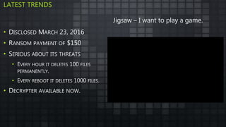 • DISCLOSED MARCH 23, 2016
• RANSOM PAYMENT OF $150
• SERIOUS ABOUT ITS THREATS
• EVERY HOUR IT DELETES 100 FILES
PERMANENTLY.
• EVERY REBOOT IT DELETES 1000 FILES.
• DECRYPTER AVAILABLE NOW.
LATEST TRENDS
Jigsaw – I want to play a game.
 