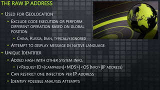 THE RAW IP ADDRESS
• USED FOR GEOLOCATION
• EXCLUDE CODE EXECUTION OR PERFORM
DIFFERENT OPERATION BASED ON GLOBAL
POSITION
• CHINA, RUSSIA, IRAN, TYPICALLY IGNORED
• ATTEMPT TO DISPLAY MESSAGE IN NATIVE LANGUAGE
• UNIQUE IDENTIFIER
• ADDED HASH WITH OTHER SYSTEM INFO.
• (<REQUEST ID>|CAMPAIGN|<MD5>|<OS INFO>|IP ADDRESS)
• CAN RESTRICT ONE INFECTION PER IP ADDRESS
• IDENTIFY POSSIBLE ANALYSIS ATTEMPTS
 