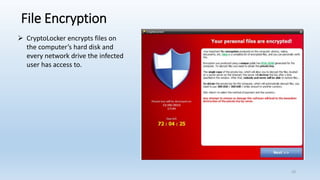 File Encryption
➢ CryptoLocker encrypts files on
the computer’s hard disk and
every network drive the infected
user has access to.
10
 