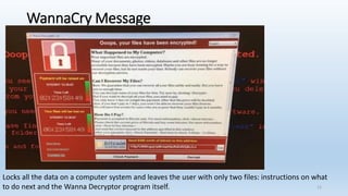 WannaCry Message
Locks all the data on a computer system and leaves the user with only two files: instructions on what
to do next and the Wanna Decryptor program itself. 12
 