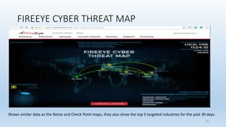 FIREEYE CYBER THREAT MAP
Shows similar data as the Norse and Check Point maps, they also show the top 5 targeted industries for the past 30 days.
20
 