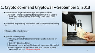1. Cryptolocker and Cryptowall – September 5, 2013
➢Ransomware Trojans that encrypt your personal files
➢(Trojan - malicious computer program which is used to
hack into a computer by misleading users of its true
intent)
➢Use social engineering techniques that trick you into running
it.
➢Designed to extort money
➢Spreads in many ways
➢Phishing emails that contain malicious attachments or
links
➢Drive-by download sites
➢Password protected zip file in email – password included
➢Often cryptolocker arrives in files that contain double
extensions such as filename.pdf.exe 8
 