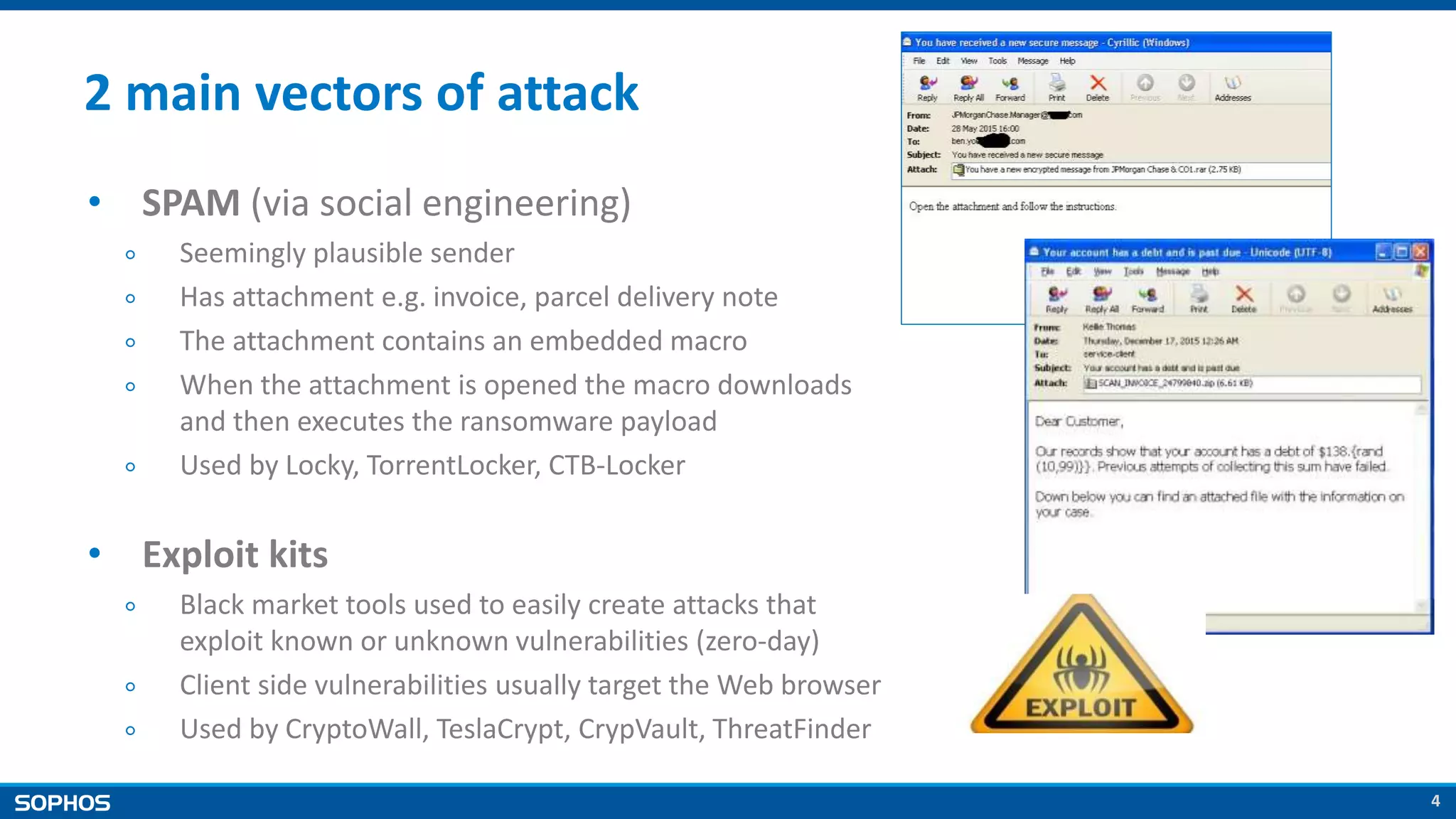4
2 main vectors of attack
• SPAM (via social engineering)
￮ Seemingly plausible sender
￮ Has attachment e.g. invoice, parcel delivery note
￮ The attachment contains an embedded macro
￮ When the attachment is opened the macro downloads
and then executes the ransomware payload
￮ Used by Locky, TorrentLocker, CTB-Locker
• Exploit kits
￮ Black market tools used to easily create attacks that
exploit known or unknown vulnerabilities (zero-day)
￮ Client side vulnerabilities usually target the Web browser
￮ Used by CryptoWall, TeslaCrypt, CrypVault, ThreatFinder
 