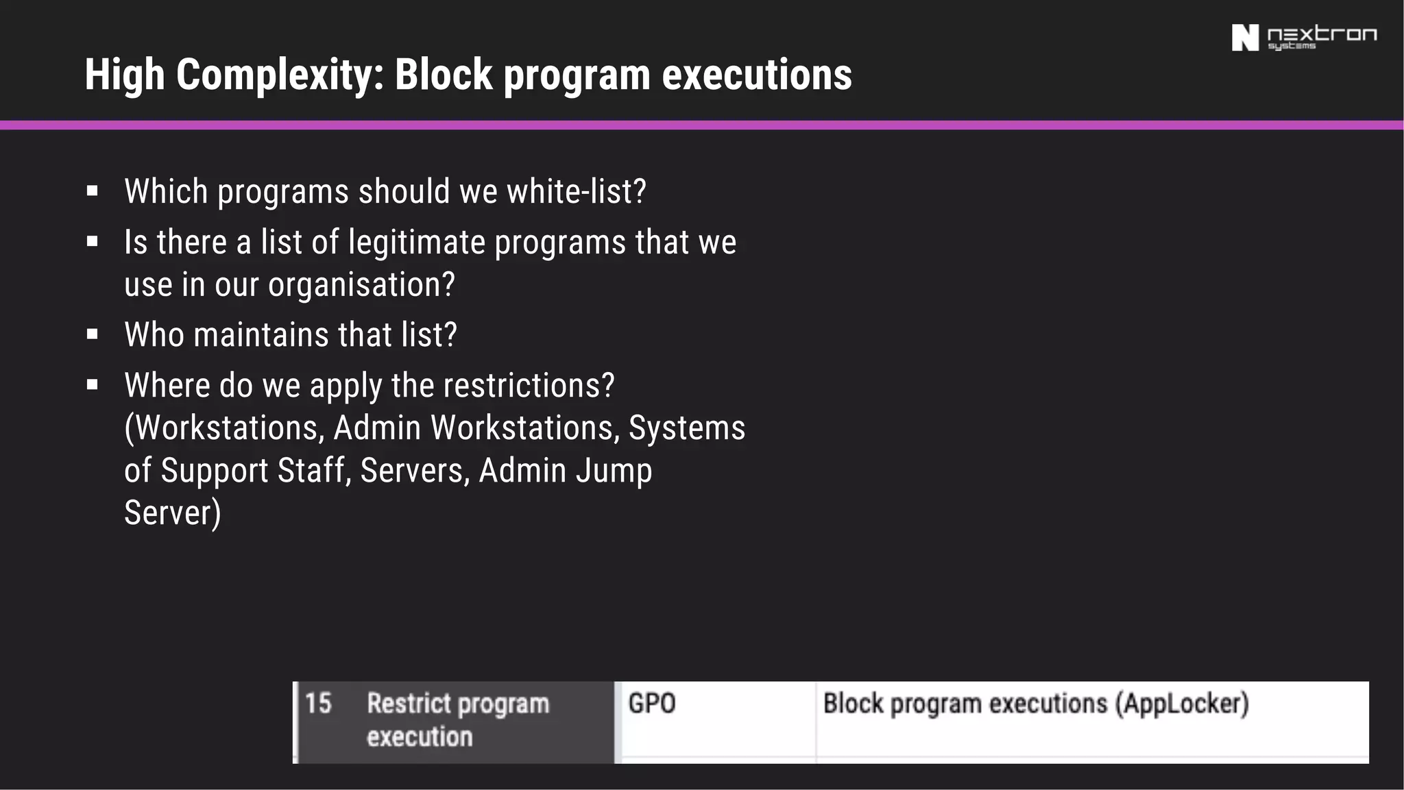 High Complexity: Block program executions
§ Which programs should we white-list?
§ Is there a list of legitimate programs that we
use in our organisation?
§ Who maintains that list?
§ Where do we apply the restrictions?
(Workstations, Admin Workstations, Systems
of Support Staff, Servers, Admin Jump
Server)
 