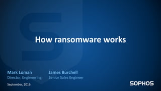 How ransomware works
Mark Loman
Director, Engineering
September, 2016
James Burchell
Senior Sales Engineer
 