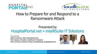 Copyrights HospitalPortal.net & IntelliSuite IT Solutions 2016. All rights reserved. WWW.INTELLISUITE.COMWWW.HOSPITALPORTAL.NET
How to Prepare for and Respond to a
Ransomware Attack
Presented by
HospitalPortal.net + IntelliSuite IT Solutions
Presented by:
Albert Jurkiewicz, CEO, HospitalPortal.net
Peter Ayedun, President, IntelliSuite IT Solutions
Anne La Francis, Director of Sales and Marketing, HospitalPortal.net
 