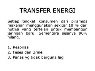 TRANSFER ENERGI
Setiap tingkat konsumen dari piramida
makanan menggunakan sekitar 10 % dari
nutrisi yang tertelan untuk membangun
jaringan baru. Sementara sisanya 90%
hilang.
1. Respirasi
2. Feses dan Urine
3. Panas yg tidak berguna lagi
 
