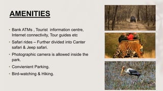 AMENITIES
• Bank ATMs , Tourist information centre,
Internet connectivity, Tour guides etc
• Safari rides – Further divided into Canter
safari & Jeep safari.
• Photographic camera is allowed inside the
park.
• Convienient Parking.
• Bird-watching & Hiking.
 