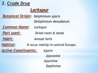 3. Crude Drug
Larkspur
Botanical Origin: Delphinium ajacis
Deliphinium denudatum
Common Name: Larkspur
Part used: Dried roots & seeds
Habit: Annual herb
Habitat: It occur mainly in central Europe.
Active Constituents: Ajacin
Ajaconine
Ajacinine
Dephinine
 