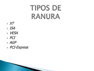  XT
 ISA
 VESA
 PCI
 AGP
 PCI-Express
 