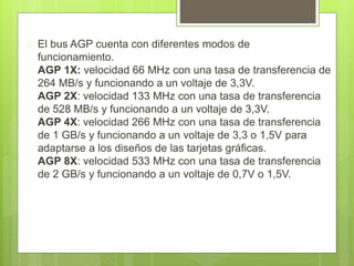  El bus AGP cuenta con diferentes modos de 
funcionamiento. 
AGP 1X: velocidad 66 MHz con una tasa de transferencia de 
264 MB/s y funcionando a un voltaje de 3,3V. 
AGP 2X: velocidad 133 MHz con una tasa de transferencia 
de 528 MB/s y funcionando a un voltaje de 3,3V. 
AGP 4X: velocidad 266 MHz con una tasa de transferencia 
de 1 GB/s y funcionando a un voltaje de 3,3 o 1,5V para 
adaptarse a los diseños de las tarjetas gráficas. 
AGP 8X: velocidad 533 MHz con una tasa de transferencia 
de 2 GB/s y funcionando a un voltaje de 0,7V o 1,5V. 
 