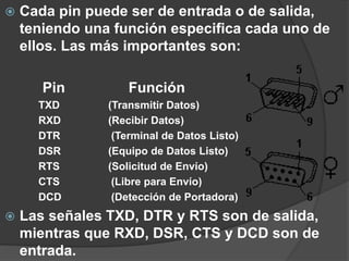  Cada pin puede ser de entrada o de salida,
teniendo una función especifica cada uno de
ellos. Las más importantes son:
Pin Función
TXD (Transmitir Datos)
RXD (Recibir Datos)
DTR (Terminal de Datos Listo)
DSR (Equipo de Datos Listo)
RTS (Solicitud de Envío)
CTS (Libre para Envío)
DCD (Detección de Portadora)
 Las señales TXD, DTR y RTS son de salida,
mientras que RXD, DSR, CTS y DCD son de
entrada.
 