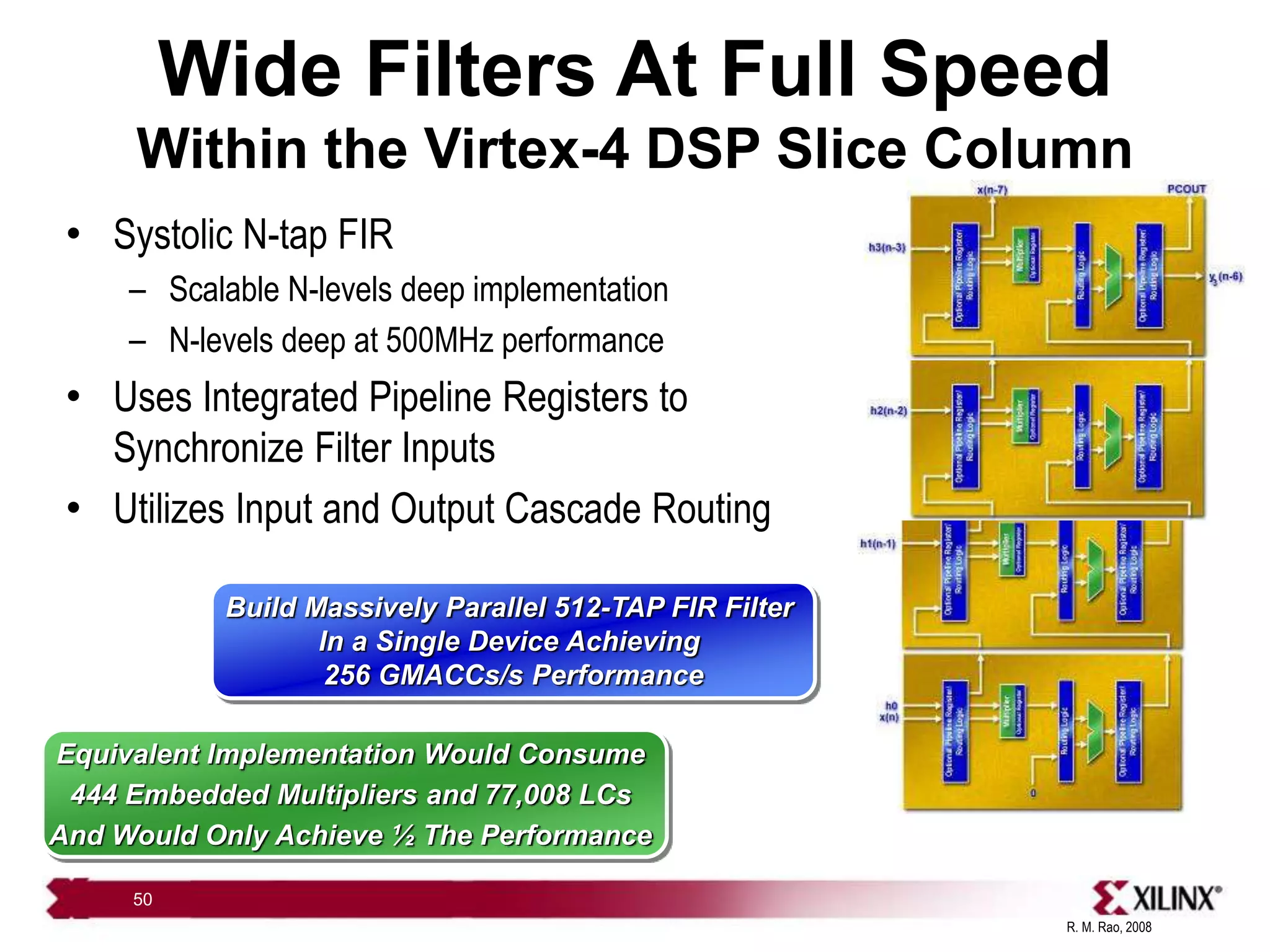 R. M. Rao, 2008
50
Wide Filters At Full Speed
Within the Virtex-4 DSP Slice Column
• Systolic N-tap FIR
– Scalable N-levels deep implementation
– N-levels deep at 500MHz performance
• Uses Integrated Pipeline Registers to
Synchronize Filter Inputs
• Utilizes Input and Output Cascade Routing
Build Massively Parallel 512-TAP FIR Filter
In a Single Device Achieving
256 GMACCs/s Performance
Equivalent Implementation Would Consume
444 Embedded Multipliers and 77,008 LCs
And Would Only Achieve ½ The Performance
 