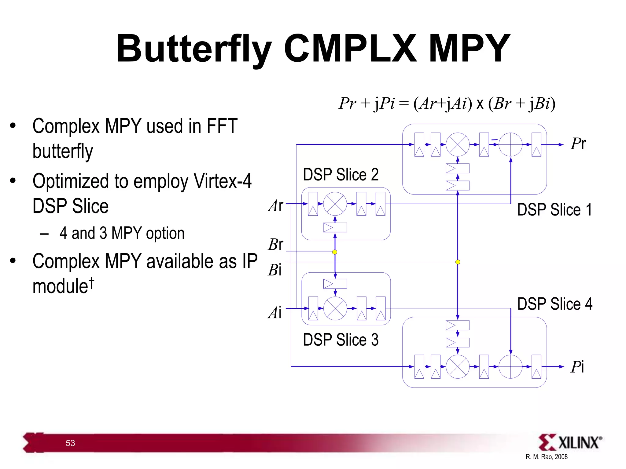 R. M. Rao, 2008
53
Butterfly CMPLX MPY
• Complex MPY used in FFT
butterfly
• Optimized to employ Virtex-4
DSP Slice
– 4 and 3 MPY option
• Complex MPY available as IP
module†
Ar
Br
Ai
Bi
Pi
Pr
DSP Slice 1
DSP Slice 4
DSP Slice 2
DSP Slice 3
Pr + jPi = (Ar+jAi) x (Br + jBi)
† Available: 6.2i IP Update 2
 