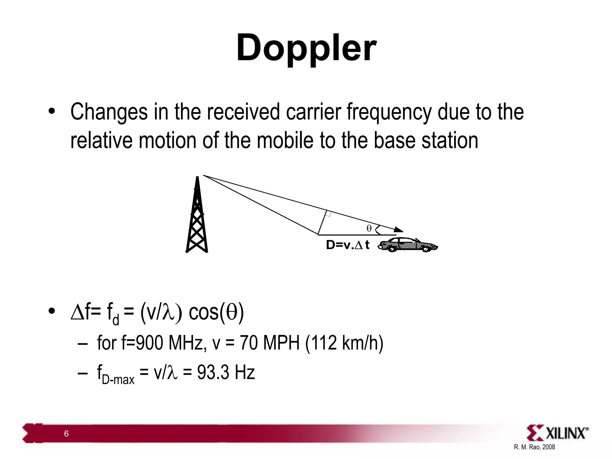 R. M. Rao, 2008
6
Doppler
• Changes in the received carrier frequency due to the
relative motion of the mobile to the base station
• f= fd = (v/l) cos(q)
– for f=900 MHz, v = 70 MPH (112 km/h)
– fD-max = v/l = 93.3 Hz
q
D=v. t
 