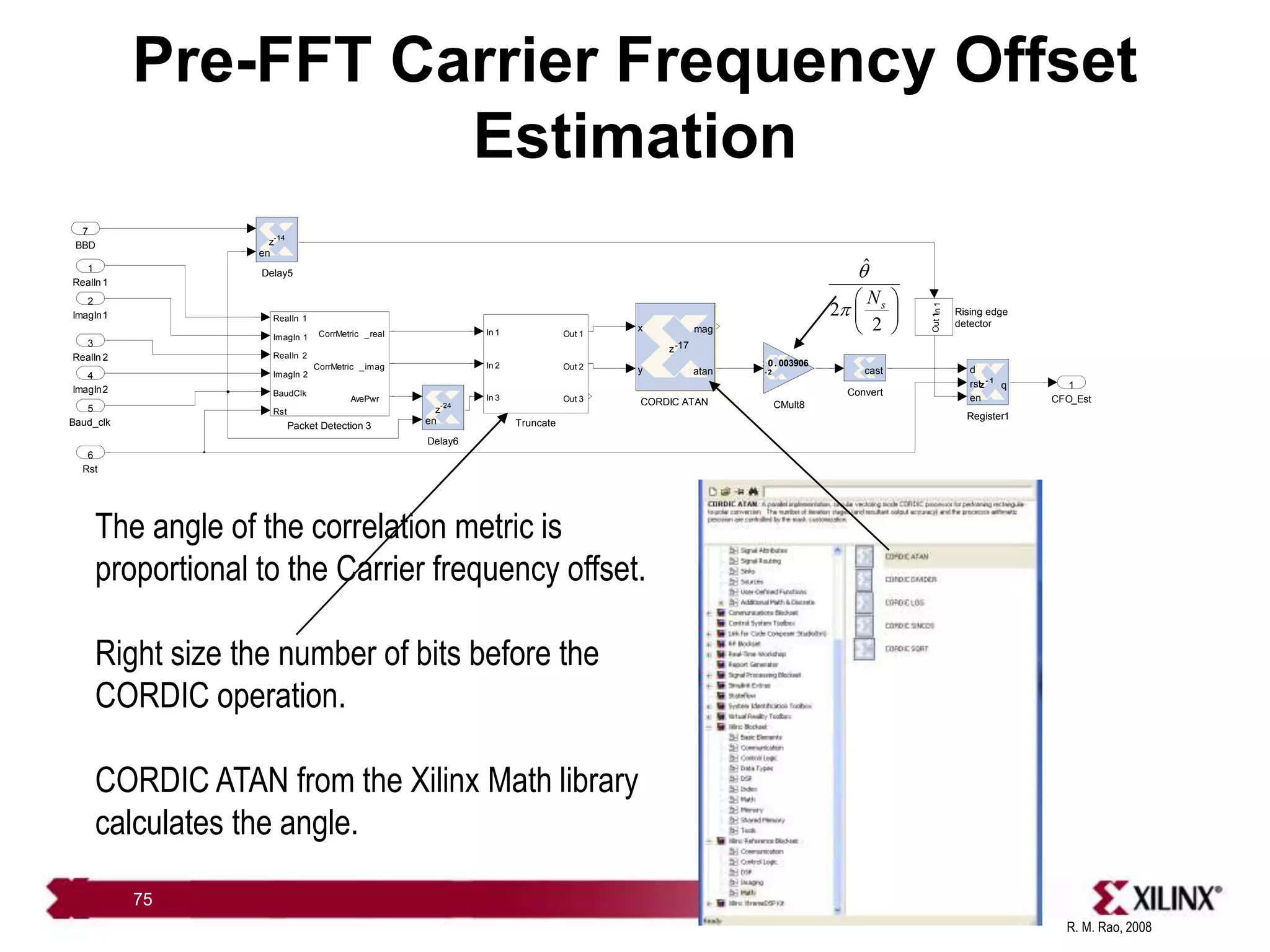 R. M. Rao, 2008
75
Pre-FFT Carrier Frequency Offset
Estimation
CFO_Est
1
Truncate
In 1
In 2
In 3
Out 1
Out 2
Out 3
Rising edge
detector
In
1
Out
1
Register1
d
rst
en
q
z
- 1
Packet Detection 3
RealIn 1
ImagIn 1
RealIn 2
ImagIn 2
BaudClk
Rst
CorrMetric _real
CorrMetric _imag
AvePwr
Delay6
en
z-24
Delay5
en
z-14
Convert
cast
CORDIC ATAN
z-17
x
y
mag
atan
CMult8
x 0. 003906
z
- 2
BBD
7
Rst
6
Baud_clk
5
ImagIn2
4
RealIn 2
3
ImagIn1
2
RealIn 1
1
The angle of the correlation metric is
proportional to the Carrier frequency offset.
Right size the number of bits before the
CORDIC operation.
CORDIC ATAN from the Xilinx Math library
calculates the angle.
ˆ
2
2
s
N
q
p
 
 
 
 