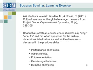 Socrates Seminar: Learning Exercise Ask students to read :  Javidan, M., & House, R. (2001). Cultural acumen for the global manager. Lessons from Project Globe.  Organizational Dynamics, 29 (4) , 289-305.  Conduct a Socrates Seminar where students ask “why,” “what for” and “so what” questions for the cultural dimensions listed below as well as the dimensions discussed in the previous slides. Performance orientation. Assertiveness. Future orientation. Gender egalitarianism. Humane orientation. 
