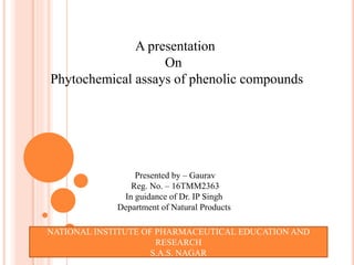 A presentation
On
Phytochemical assays of phenolic compounds
Presented by – Gaurav
Reg. No. – 16TMM2363
In guidance of Dr. IP Singh
Department of Natural Products
NATIONAL INSTITUTE OF PHARMACEUTICAL EDUCATION AND
RESEARCH
S.A.S. NAGAR
 