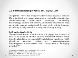 3.6- Pharmacological properties of C. papaya Linn
The plant C. papaya has been proved for various medicinal activities
like antioxidant, anti-hypertensive, wound healing, hepatoprotective,
anti-inflammatory, antimicrobial, antifungal, anti-fertility,
histaminergic, diuretic, anti-amoebic, anti-tumor, anthelmintic, effect
on smooth muscles, antimalarial, hypoglycemic activity, immuno-
modulatory activity, anti-ulcer activity, anti -sickling activity.
3.6.1- Antioxidant activity
The methanolic extract of unripe fruits of C. papaya was evaluated in
vivo for its effect on activities of some antioxidant enzymes which
includes glutathione peroxidase(GPx), glutathione transferase (GST),
glutathione reductase, catalase and glucose-6-phosphate
dehydrogenase in mice treated with a orally dose of 100 mg/kg.
potential.11,14
A.Nugroho, H.Heryani, et al, A.P.J.Trop. Biomed, 2017; 7:208-213
J.N.Calvache.et al, J.F.Foods, 2016; 27: 319-328
Ze-You Li, Y.Wang,et al, A.P. J.Trop. Med., 2012; 5: 231-233
N.Otsuki,et al, J.Ethnopharmacology, 2010; 127: 760-767
 