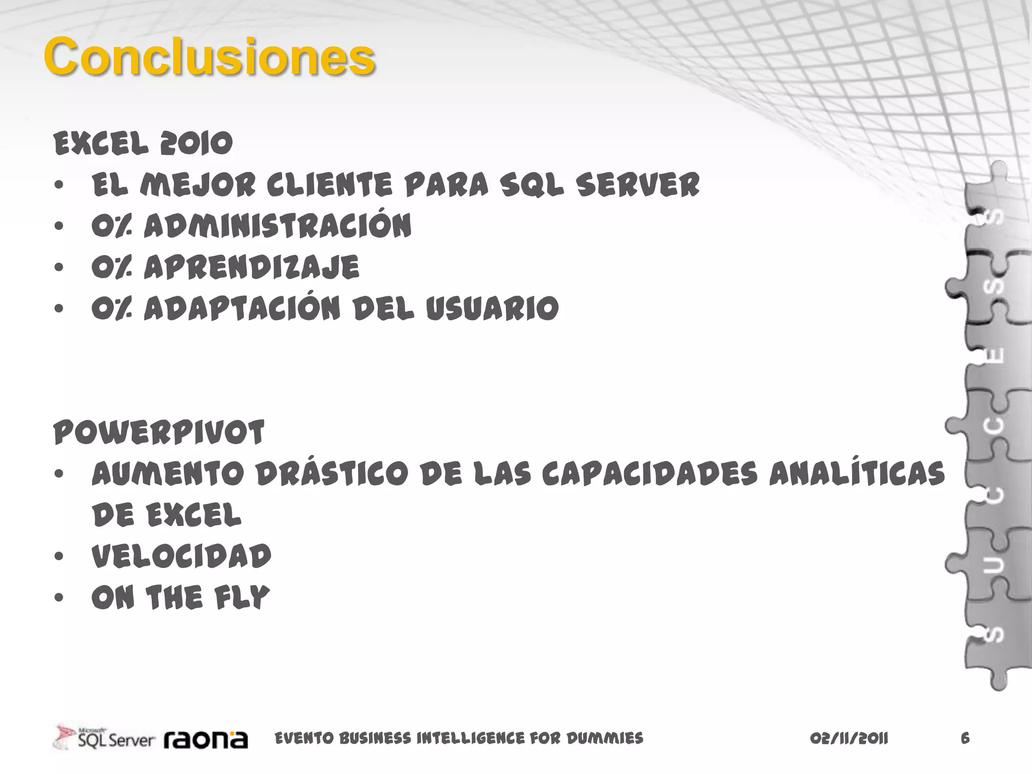 Conclusiones
Excel 2010
• El mejor cliente para SQL Server
• 0% administración
• 0% aprendizaje
• 0% adaptación del usuario


PowerPivot
• Aumento drástico de las capacidades analíticas
  de Excel
• Velocidad
• On the fly


           Evento business intelligence for Dummies   02/11/2011   6
 