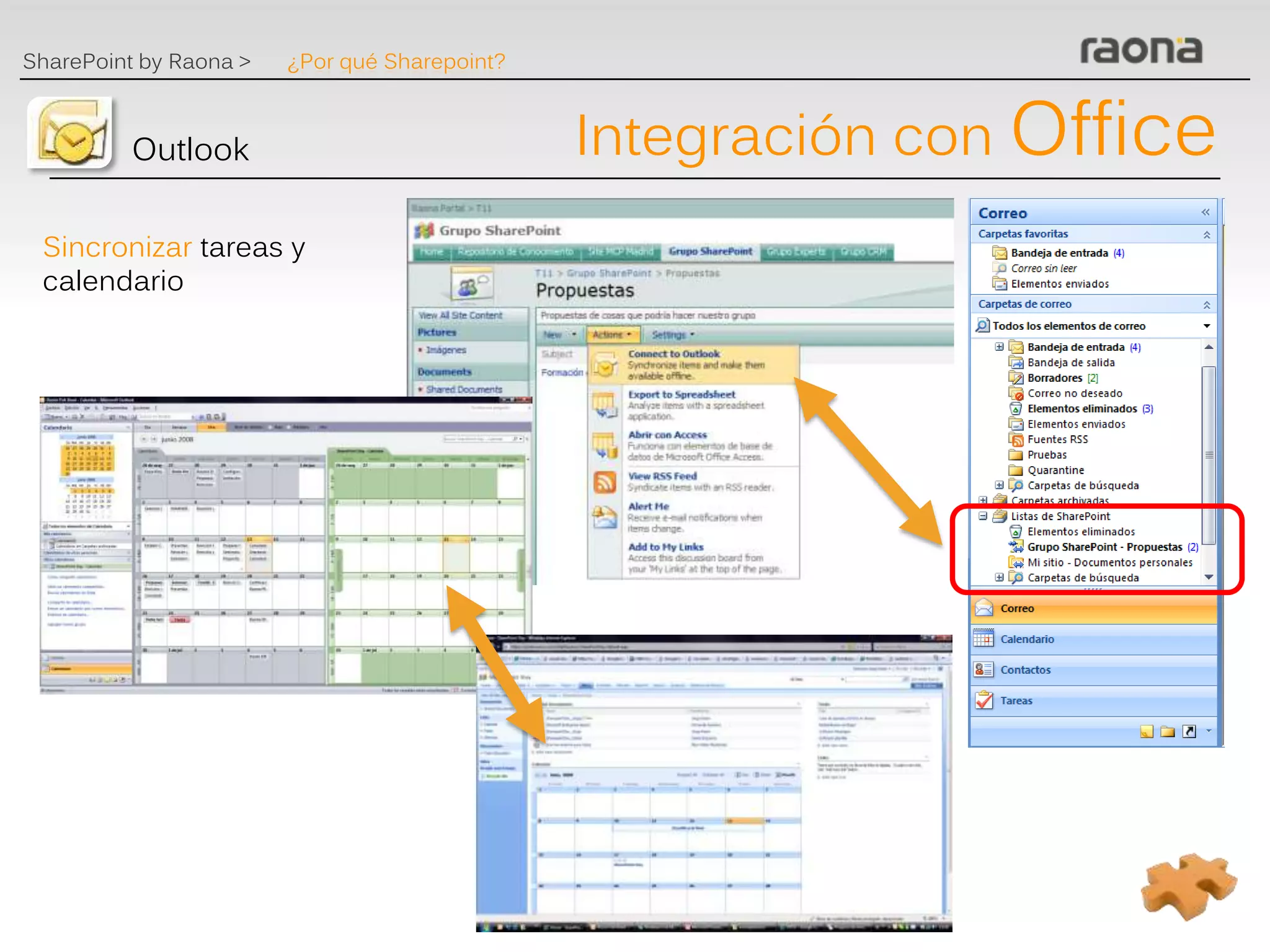 SharePoint by Raona >   ¿Por qué Sharepoint?



          Outlook                              Integración con Office
 Sincronizar tareas y
 calendario
 