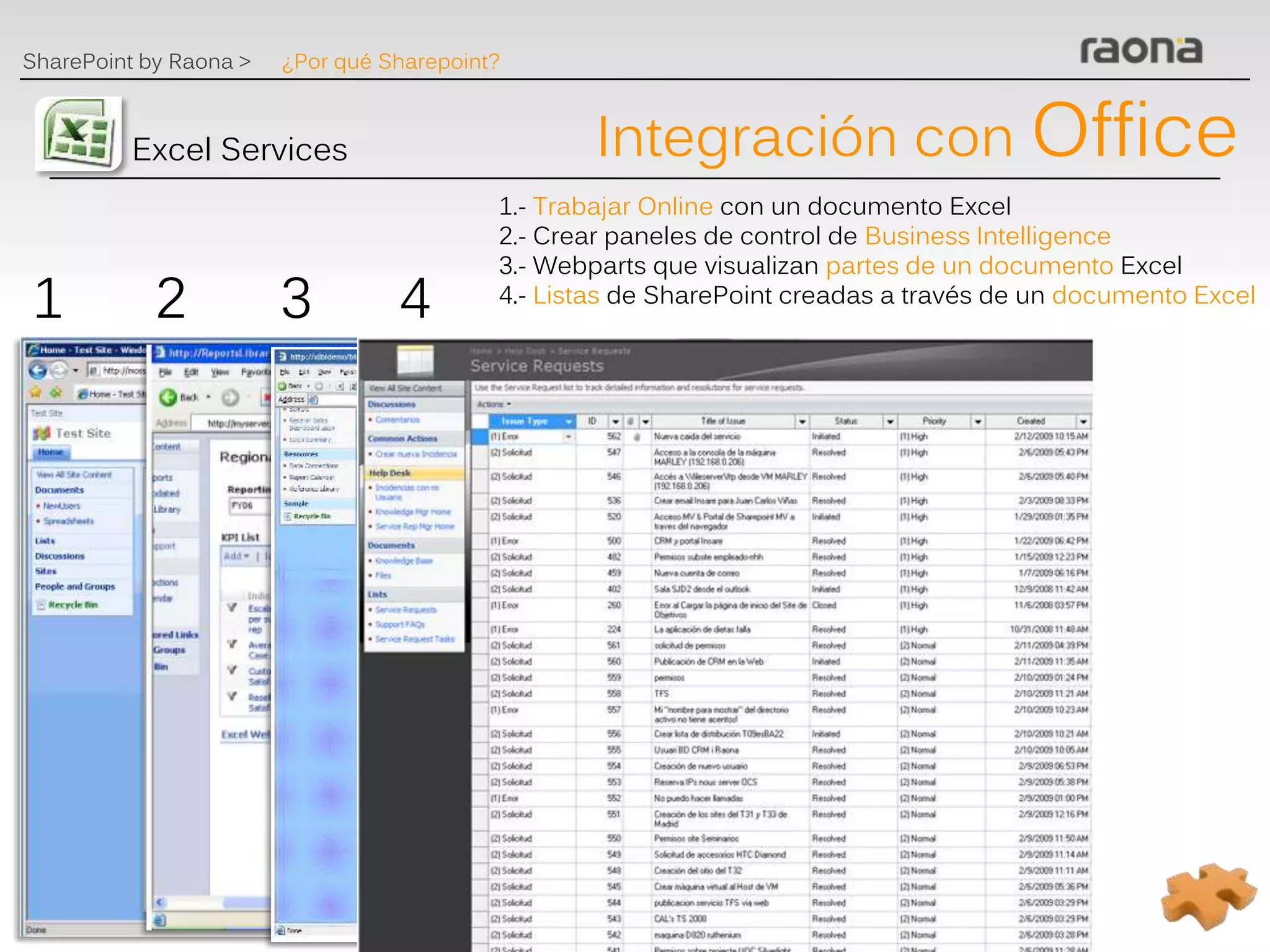 SharePoint by Raona >   ¿Por qué Sharepoint?



          Excel Services                           Integración con Office
                                           1.- Trabajar Online con un documento Excel
                                           2.- Crear paneles de control de Business Intelligence
                                           3.- Webparts que visualizan partes de un documento Excel
1           2           3         4        4.- Listas de SharePoint creadas a través de un documento Excel
 