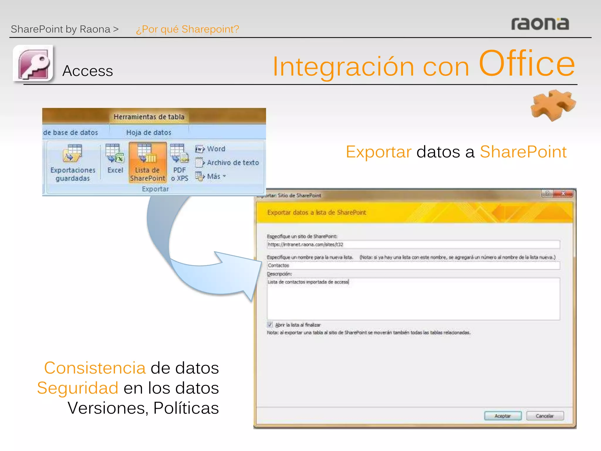 SharePoint by Raona >   ¿Por qué Sharepoint?



          Access                               Integración con Office


                                                    Exportar datos a SharePoint




      Consistencia de datos
     Seguridad en los datos
        Versiones, Políticas
 