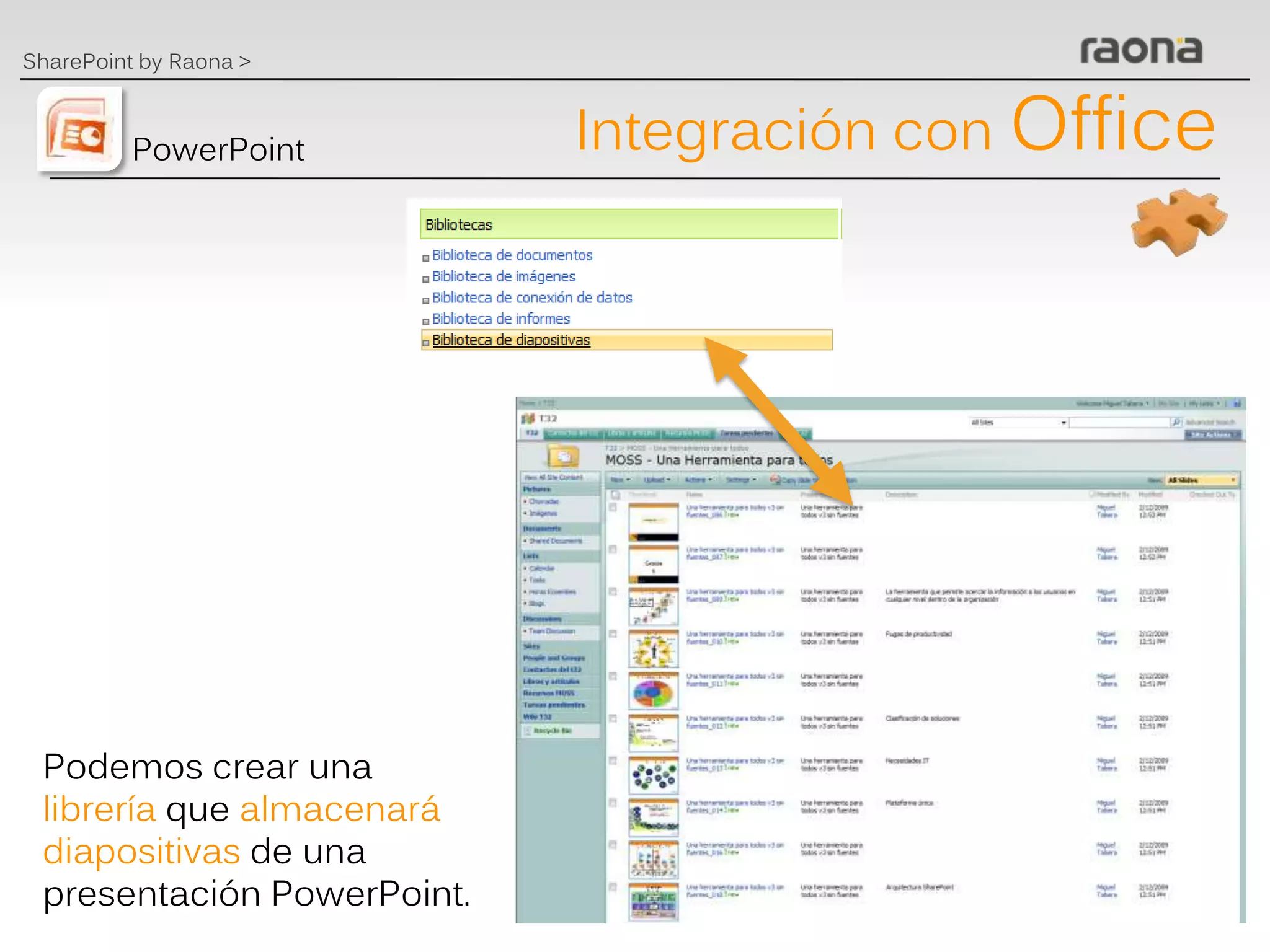 SharePoint by Raona >



          PowerPoint        Integración con Office




 Podemos crear una
 librería que almacenará
 diapositivas de una
 presentación PowerPoint.
 