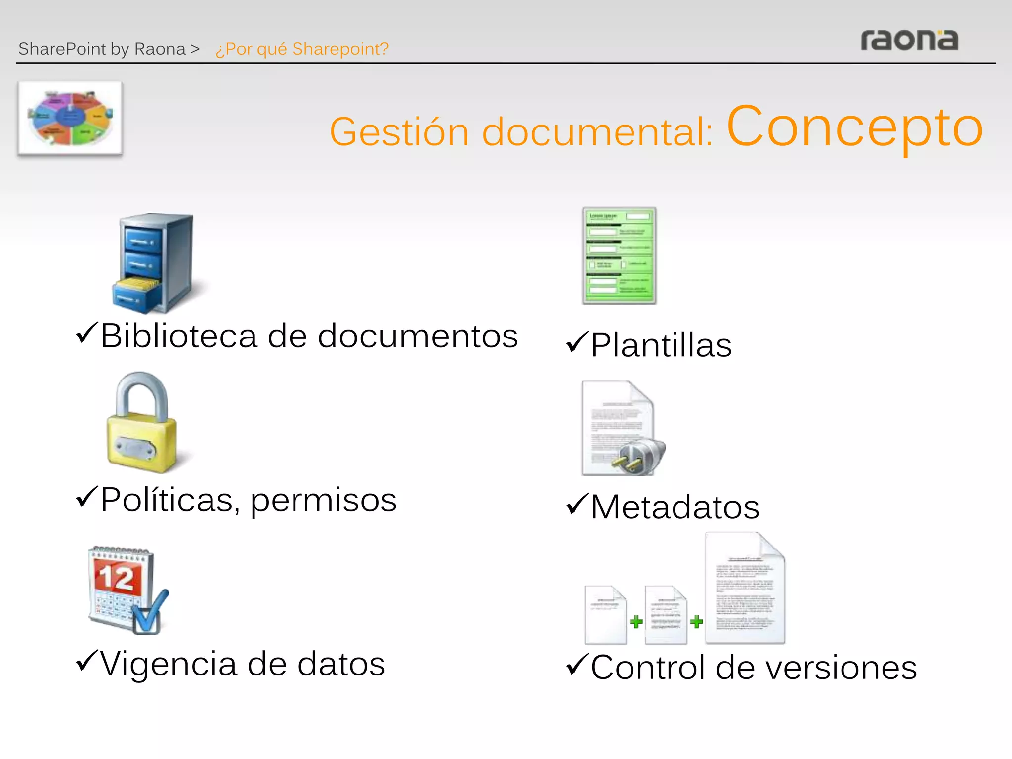 SharePoint by Raona > ¿Por qué Sharepoint?




                                   Gestión documental: Concepto




      Biblioteca de documentos              Plantillas



      Políticas, permisos                   Metadatos



      Vigencia de datos                     Control de versiones
 