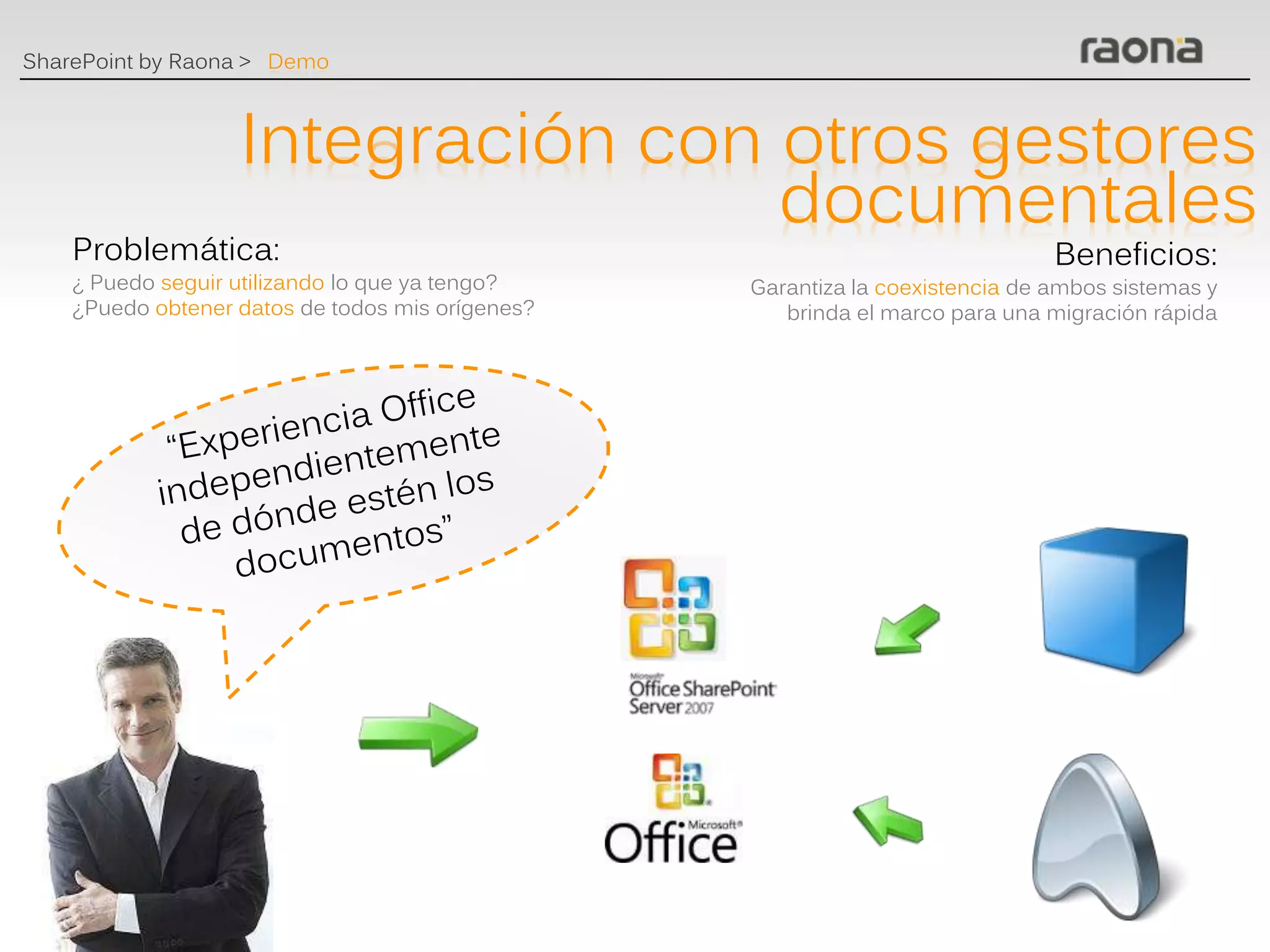 SharePoint by Raona > Demo



                   Integración con otros gestores
                                   documentales
    Problemática:                                                              Beneficios:
    ¿ Puedo seguir utilizando lo que ya tengo?    Garantiza la coexistencia de ambos sistemas y
    ¿Puedo obtener datos de todos mis orígenes?      brinda el marco para una migración rápida
 