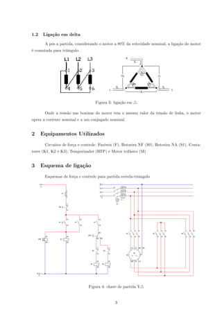 1.2 Ligação em delta
A pós a partida, considerando o motor a 80% da velocidade nominal, a ligação do motor
é comutada para triângulo.
Figura 3: ligação em
Onde a tensão nas boninas do motor tem o mesmo valor da tensão de linha, o motor
opera a corrente nominal e a um conjugado nominal.
2 Equipamentos Utilizados
Circuitos de força e controle: Fusíveis (F), Botoeira NF (S0), Botoeira NA (S1), Conta-
tores (K1, K2 e K3), Temporizador (RTP) e Motor trifásico (M)
3 Esquema de ligação
Esquemas de força e controle para partida estrela-triângulo
Figura 4: chave de partida Y
3
 