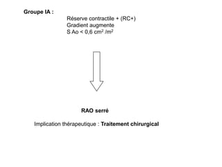 Groupe IA :
                Réserve contractile + (RC+)
                Gradient augmente
                S Ao < 0,6 cm2 /m2




                     RAO serré

   Implication thérapeutique : Traitement chirurgical
 