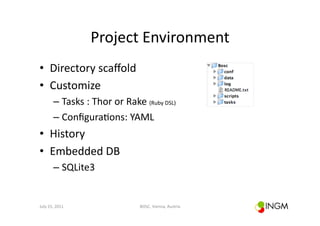 Project	
  Environment	
  
•  Directory	
  scaﬀold	
  
•  Customize	
  
            –  Tasks	
  :	
  Thor	
  or	
  Rake	
  (Ruby	
  DSL)	
  	
  
            –  Conﬁgura(ons:	
  YAML	
  
•  History	
  
•  Embedded	
  DB	
  
            –  SQLite3	
  


July	
  15,	
  2011	
                                BOSC,	
  Vienna,	
  Austria	
  
 