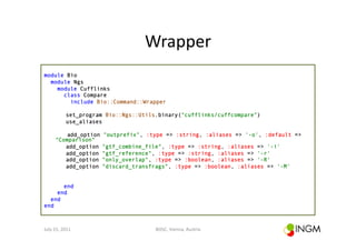 Wrapper	
  
module Bio
  module Ngs
    module Cufflinks
      class Compare
        include Bio::Command::Wrapper

                 set_program Bio::Ngs::Utils.binary("cufflinks/cuffcompare")
                 use_aliases

             add_option     "outprefix", :type => :string, :aliases => '-o', :default =>
         "Comparison"
            add_option      "gtf_combine_file", :type => :string, :aliases => '-i'
            add_option      "gtf_reference", :type => :string, :aliases => '-r'
            add_option      "only_overlap", :type => :boolean, :aliases => '-R'
            add_option      "discard_transfrags", :type => :boolean, :aliases => '-M’


      end
    end
  end
end



July	
  15,	
  2011	
                       BOSC,	
  Vienna,	
  Austria	
  
 