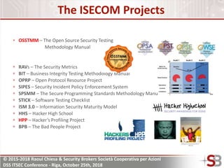 © 2015-2018 Raoul Chiesa & Security Brokers Società Cooperativa per Azioni
DSS ITSEC Conference - Riga, October 25th, 2018
The ISECOM Projects
OSSTMM – The Open Source Security Testing
Methodology Manual
RAVs – The Security Metrics
BIT – Business Integrity Testing Methodology Manual
OPRP – Open Protocol Resource Project
SIPES – Security Incident Policy Enforcement System
SPSMM – The Secure Programming Standards Methodology Manual
STICK – Software Testing Checklist
ISM 3.0 – Information Security Maturity Model
HHS – Hacker High School
HPP – Hacker’s Profiling Project
BPB – The Bad People Project
 