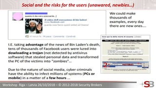 Workshop Riga – Latvia 26/10/2018 – © 2012-2018 Security Brokers
Social and the risks for the users (unawared, newbies…)
 